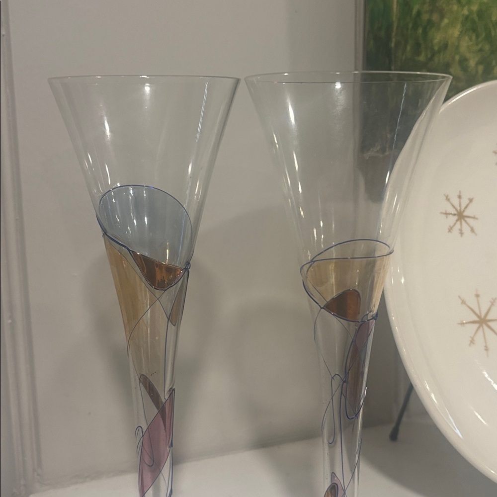 Hand-Painted Glass Flute Pair - Clear with Blue, Gold & Pink Accents - Picture 2 of 5